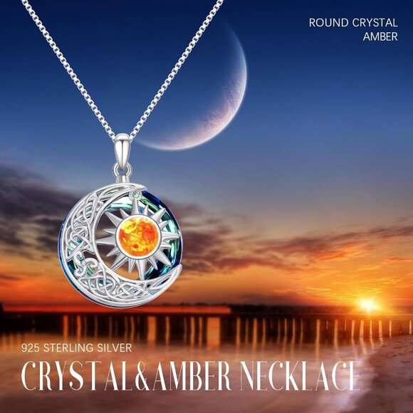 Sun and Moon Necklace Sterling Silver Amber Sun Moonstone Crystal Celestial Jewe - Picture 2 of 6